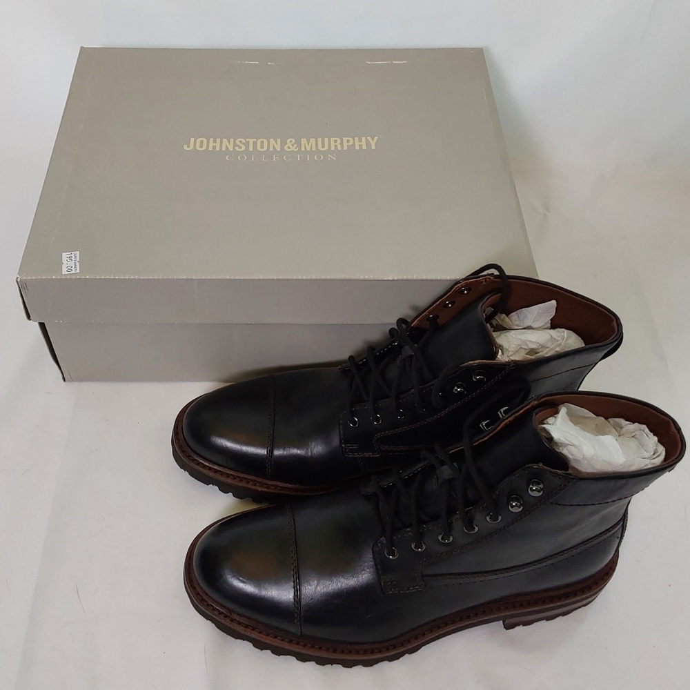 Johnston & Murphy Black Leather Lace-Up Cap-Toe Boots with Brown Trim / NWT